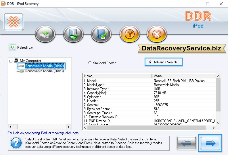 Select removable media and searching criteria