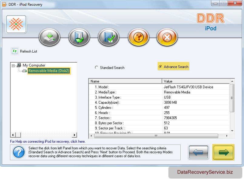 Select removable media and searching criteria